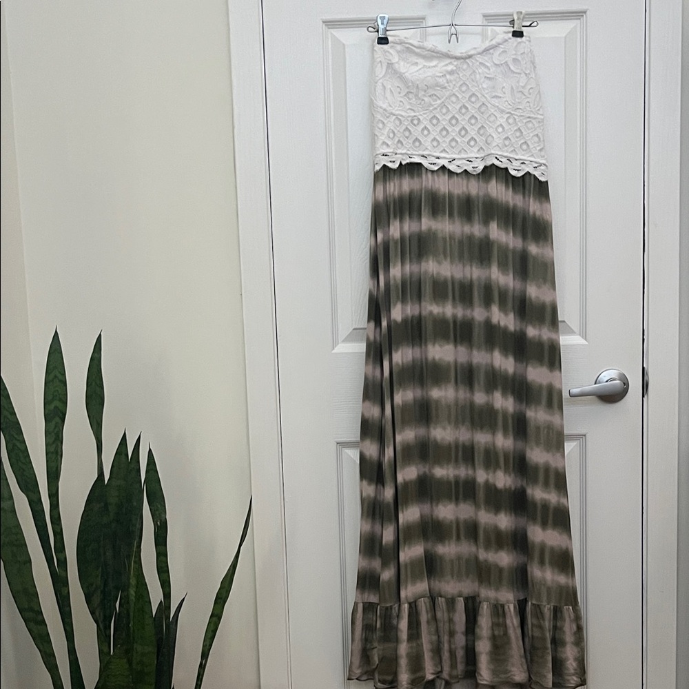 White Lace Strapless with Pink & Green Bottom Maxi Dress - Picture 1 of 7